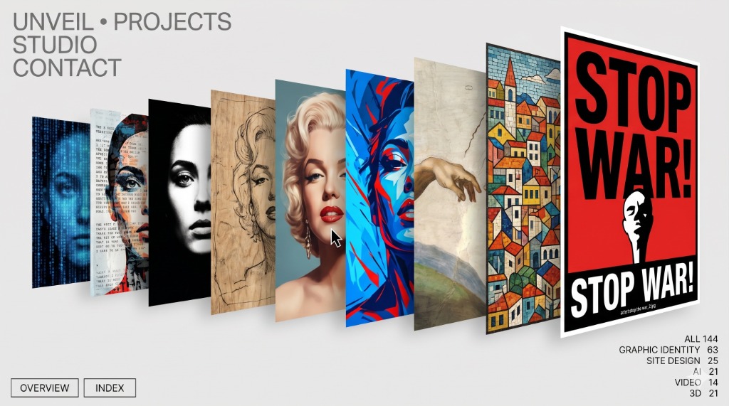 Designiamo Ultimate Creative Hub - A multi-layered visual perspective array of artistic creations, including a bold STOP WAR poster, a stained-glass village mural, Michelangelo's Creation of Adam, and digital portraits